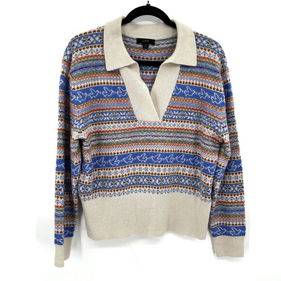 J. CREW Blue White Fair Isle Knit V-Neck Collared Lambswool Sweater Top Small - Picture 1 of 6